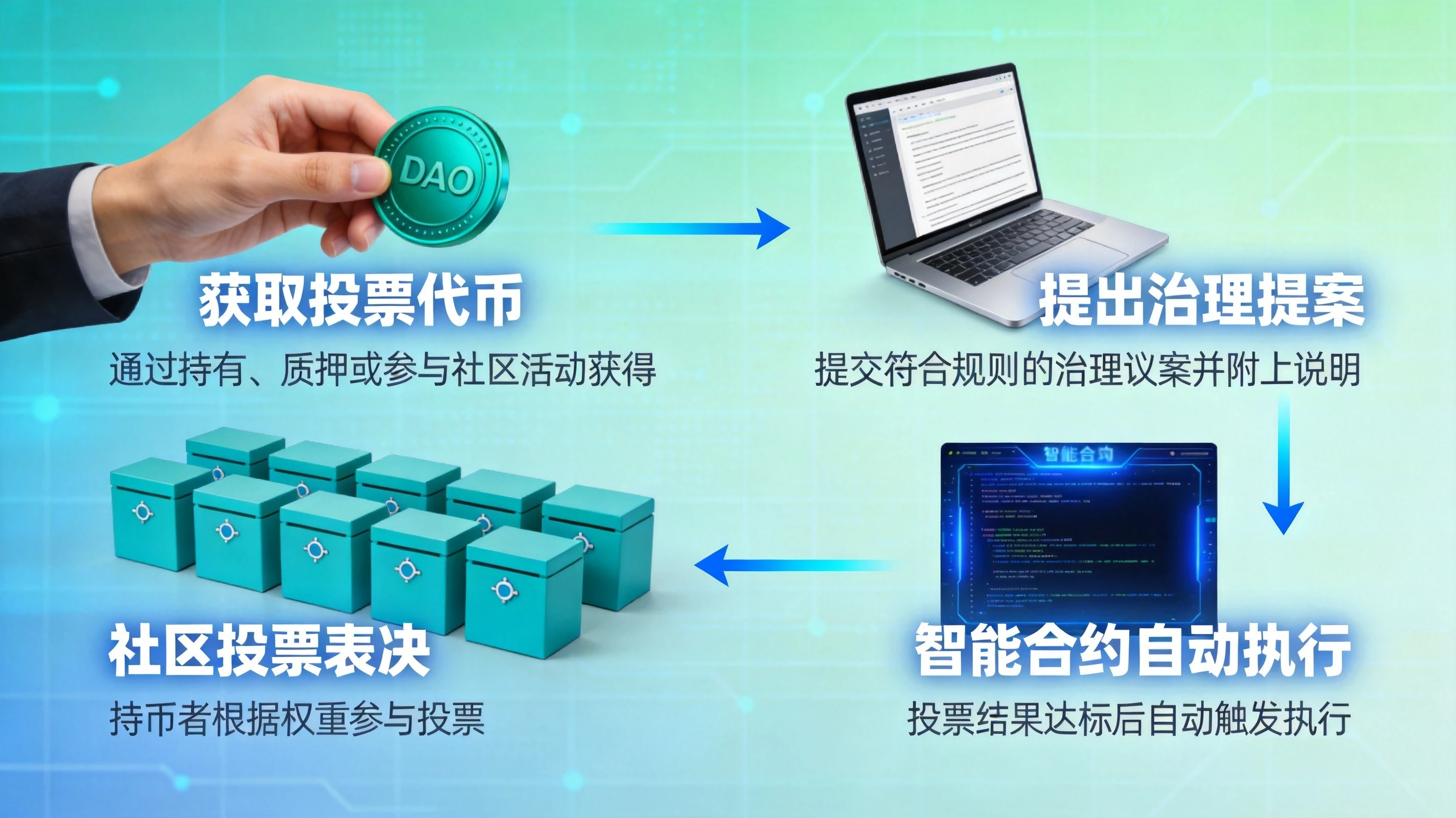 蓝绿色科技风格DAO投票运作流程图，展示获取代币、提出提案、投票表决、自动执行四步核心流程